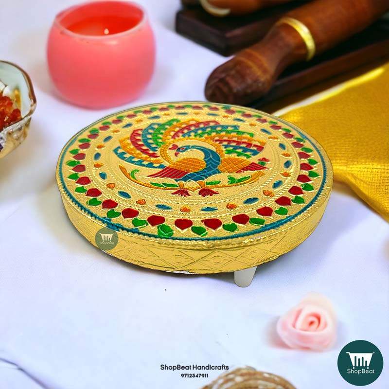 ShopBeat Golden Oxidised Round Peacock Wooden Pooja Chowki 6x6 Inches