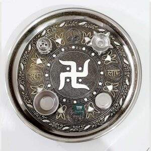 ShopBeat Golden Oxidised Swastik Stainless Steel Pooja Thali 11 inch