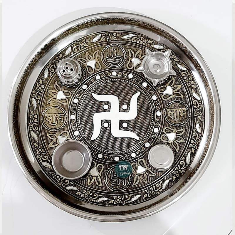 ShopBeat Golden Oxidised Swastik Stainless Steel Pooja Thali 11 inch