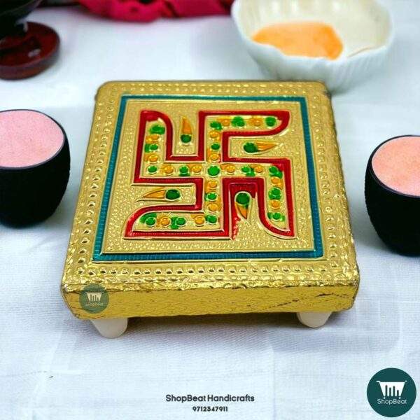 ShopBeat Golden Oxidised Swastik Wooden Pooja Chowki 3x3 inches