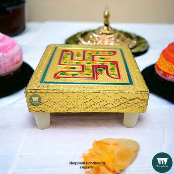 ShopBeat Golden Oxidised Swastik Wooden Pooja Chowki 3x3 inches