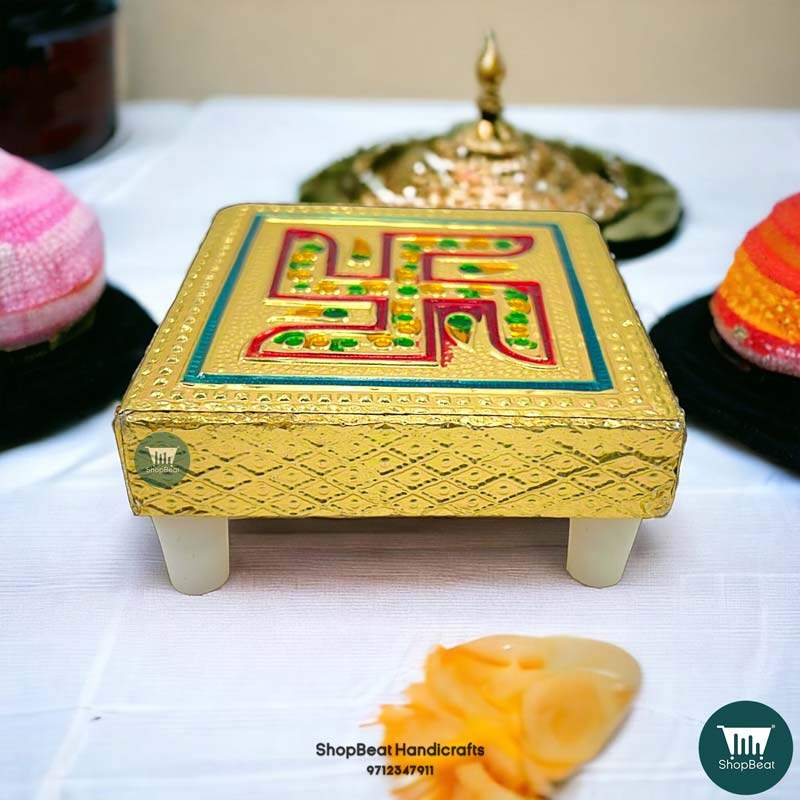ShopBeat Golden Oxidised Swastik Wooden Pooja Chowki 3x3 inches