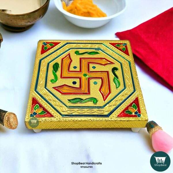 ShopBeat Golden Oxidised Swastik Wooden Pooja Chowki 5x5 Inches