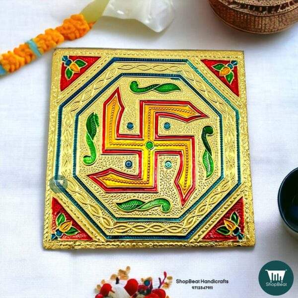 ShopBeat Golden Oxidised Swastik Wooden Pooja Chowki 5x5 Inches