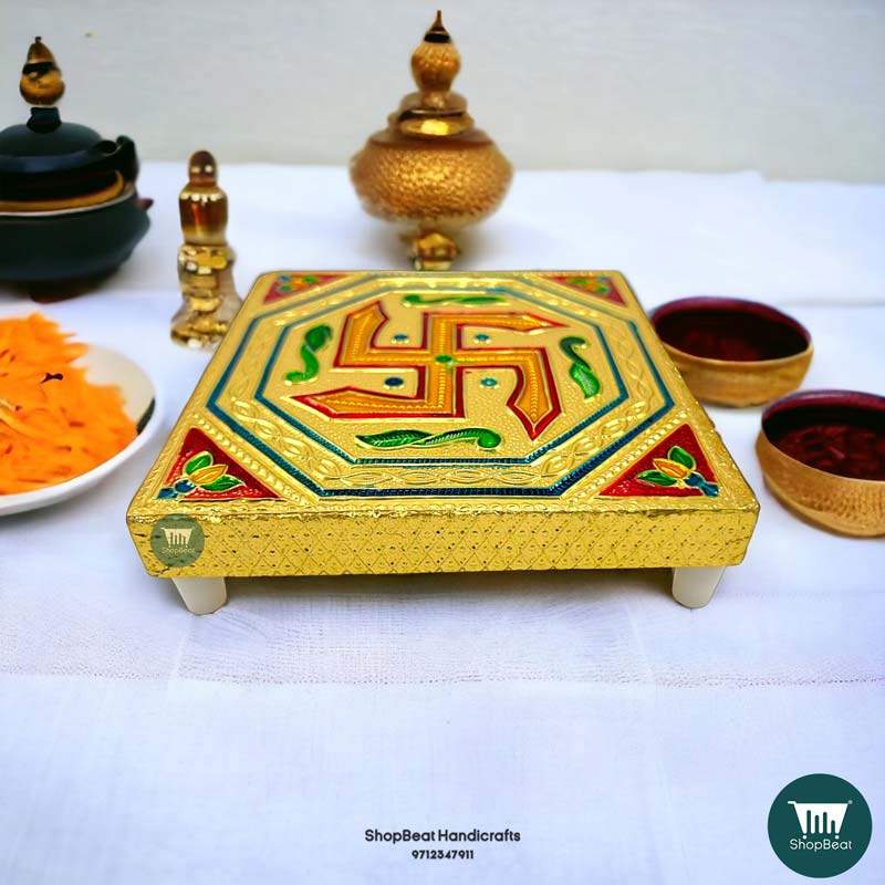 ShopBeat Golden Oxidised Swastik Wooden Pooja Chowki 5x5 Inches