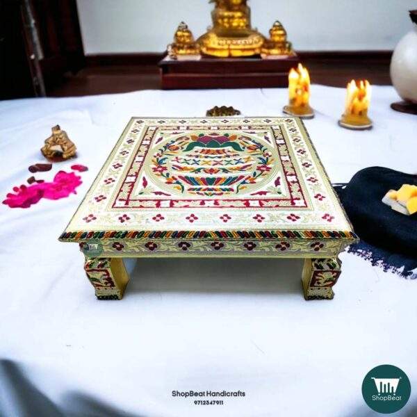 Pooja Chowki\ShopBeat Golden Oxidised White Poster Wooden Pooja Chowki 15x15 inch