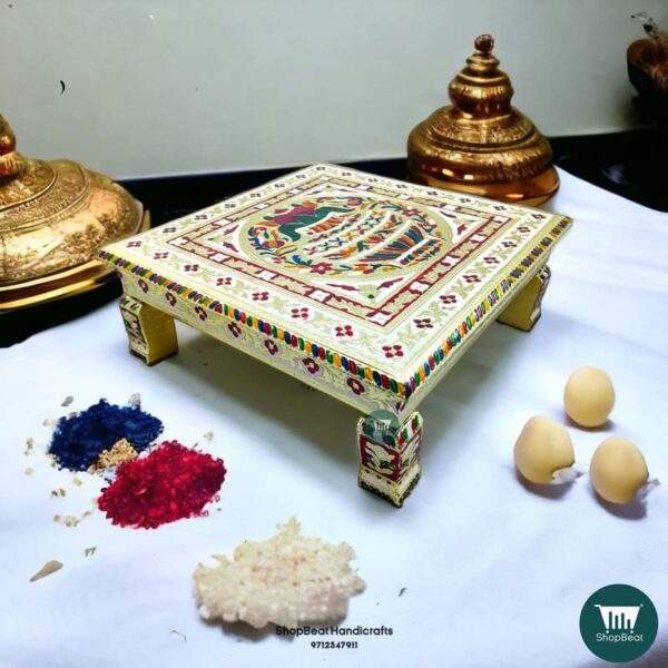 Pooja Chowki\ShopBeat Golden Oxidised White Poster Wooden Pooja Chowki 15x15 inch