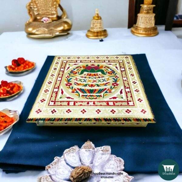 Pooja Chowki\ShopBeat Golden Oxidised White Poster Wooden Pooja Chowki 15x15 inch