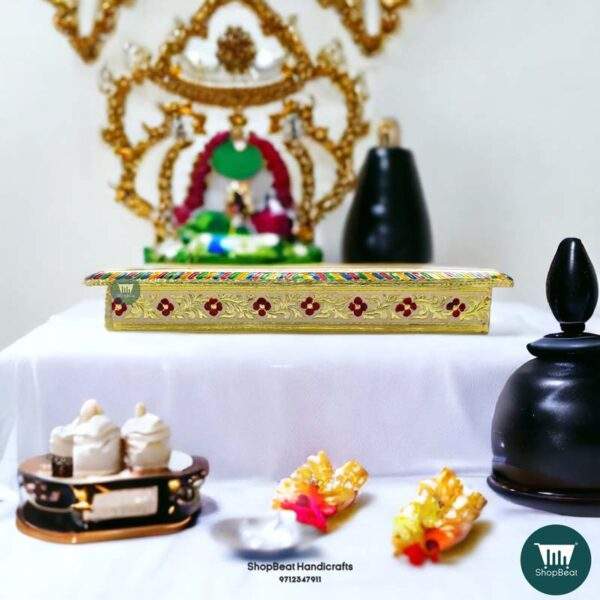 Pooja Chowki\ShopBeat Golden Oxidised White Poster Wooden Pooja Chowki 15x15 inch