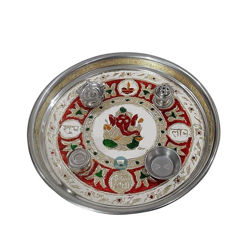 ShopBeat Meenakari Ganesha Stainless Steel Pooja Thali 11 inch