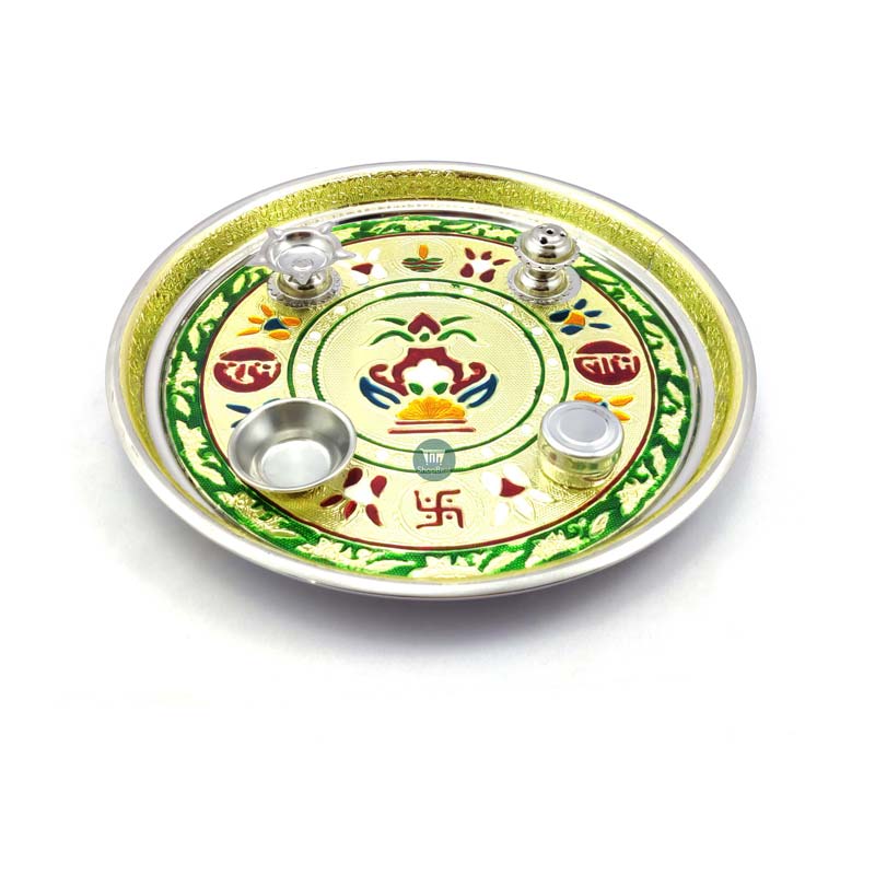 ShopBeat Meenakari Kalash Stainless Steel Pooja Thali 11 inch