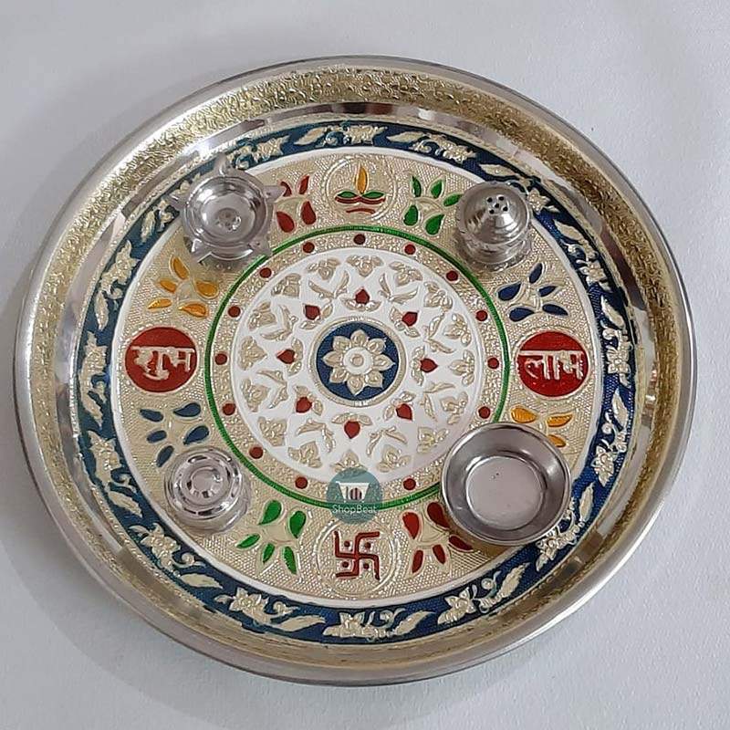ShopBeat Meenakari Gold Labh Shubh Stainless Steel Pooja Thali 11 inch