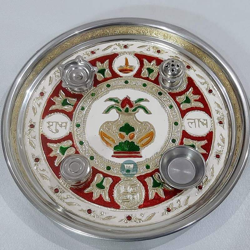 ShopBeat Meenakari Kalash Stainless Steel Pooja Thali 11 inch