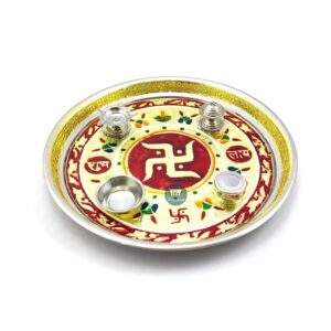 ShopBeat Meenakari Swastik Stainless Steel Pooja Thali 11 inch
