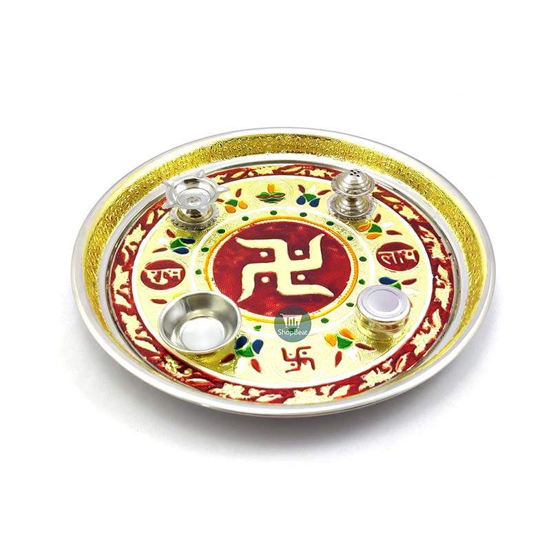 ShopBeat Meenakari Swastik Stainless Steel Pooja Thali 11 inch