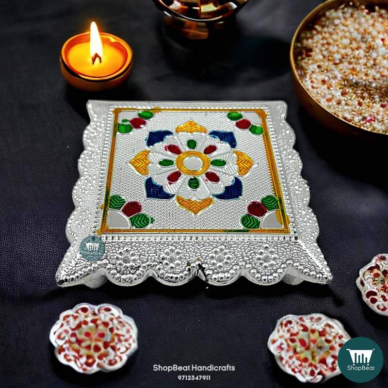 ShopBeat Silver Oxidised Plastic Pooja Chowki 3.5x3.5 Inches