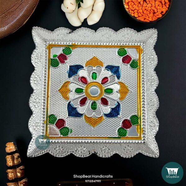 ShopBeat Silver Oxidised Plastic Pooja Chowki 3.5x3.5 Inches