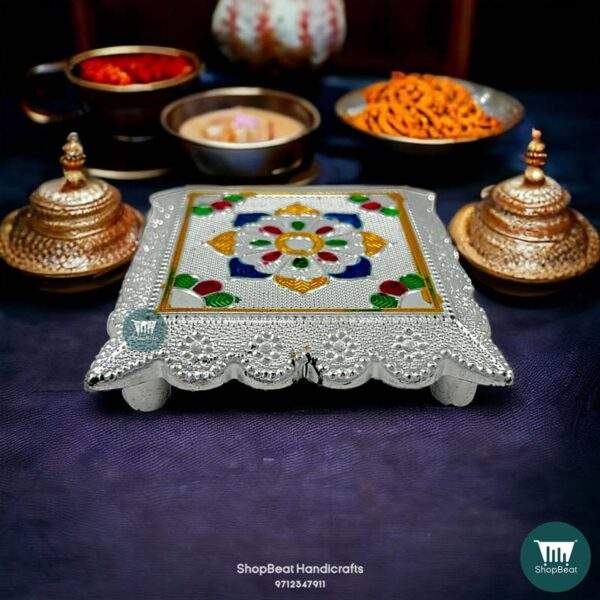 ShopBeat Silver Oxidised Plastic Pooja Chowki 3.5x3.5 Inches