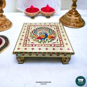 ShopBeat Wooden Meenakari Peacock Pooja Chowki 15x15 inch