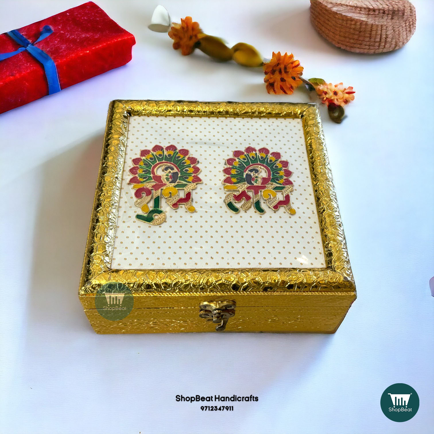 ShopBeat Golden Oxidised Silk 4 Jar Dry Fruit Box 8x8 inch