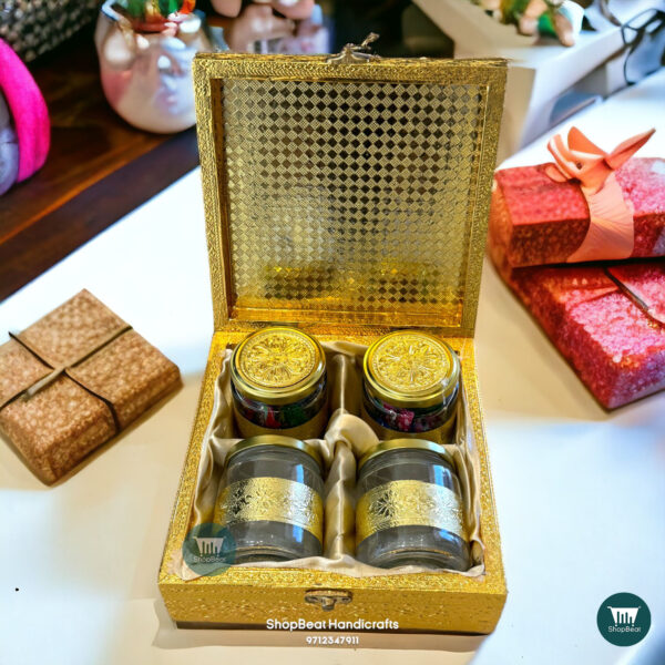 ShopBeat Golden Oxidised Silk 4 Jar Dry Fruit Box 8x8 inch - Image 3