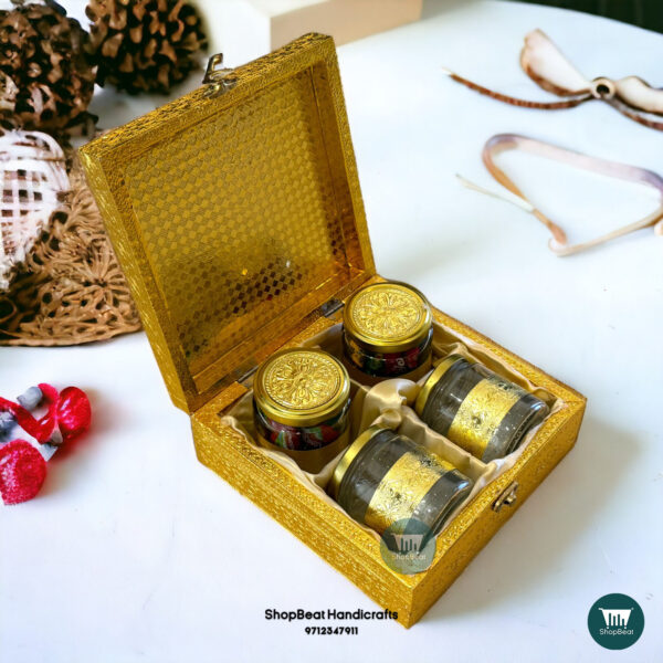 ShopBeat Golden Oxidised Silk 4 Jar Dry Fruit Box 8x8 inch - Image 4