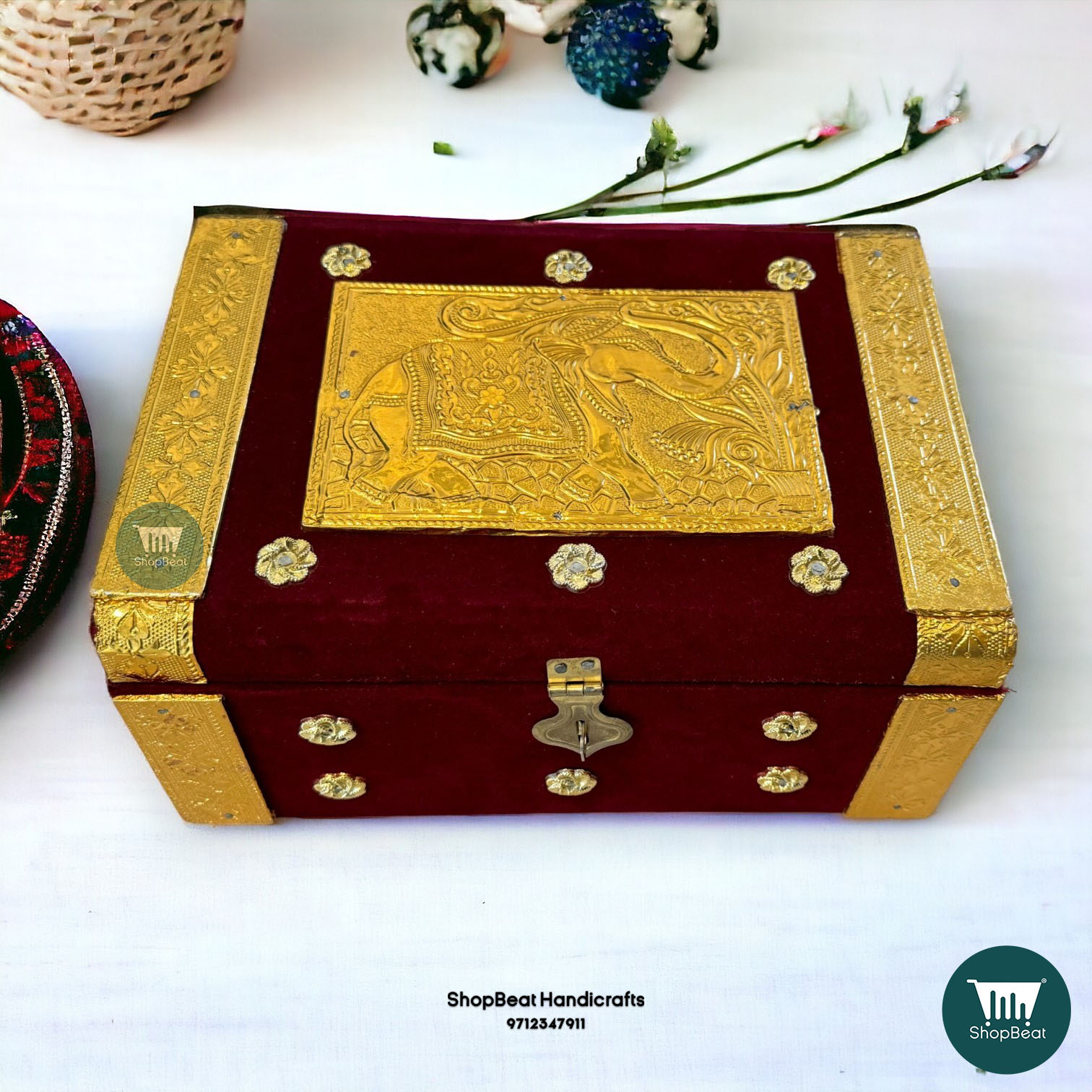 ShopBeat Golden Oxidised Velvet 6 Jar Dry Fruit Box 10x7 inch