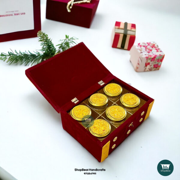 ShopBeat Golden Oxidised Velvet 6 Jar Dry Fruit Box 10x7 inch - Image 3
