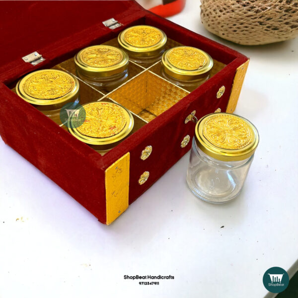 ShopBeat Golden Oxidised Velvet 6 Jar Dry Fruit Box 10x7 inch - Image 4