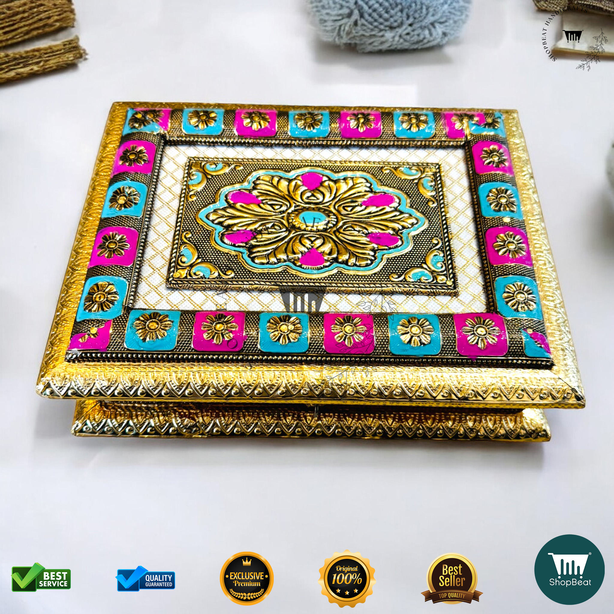 Golden Oxidised Meenakari Gift Box 9x7