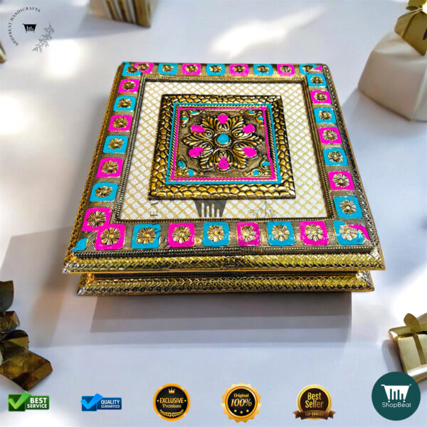 ShopBeat Exclusive Golden Oxidised Meenakari Decorative Dry Fruit Box 10x10 - Image 5