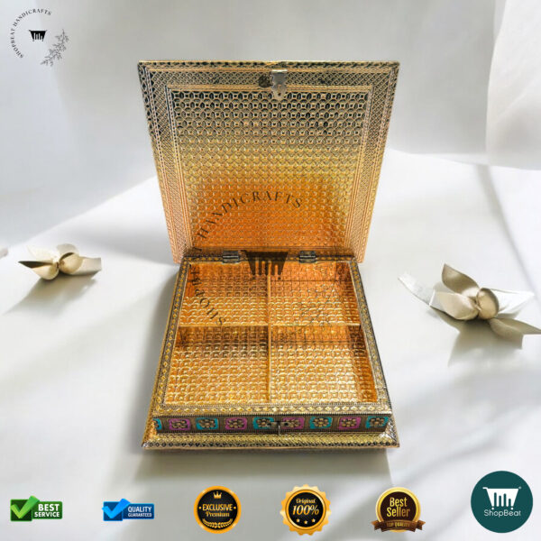 ShopBeat Exclusive Golden Oxidised Meenakari Decorative Dry Fruit Box 10x10 - Image 4