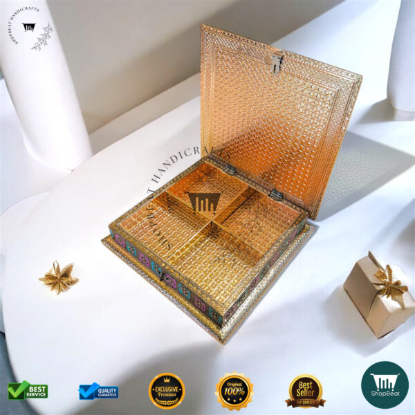 ShopBeat Exclusive Golden Oxidised Meenakari Decorative Dry Fruit Box 10x10 - Image 3