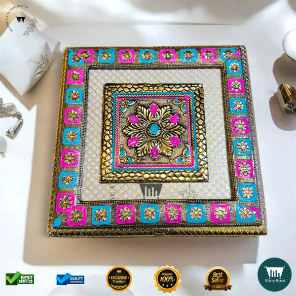 ShopBeat Exclusive Golden Oxidised Meenakari Decorative Dry Fruit Box 10x10 - Image 2