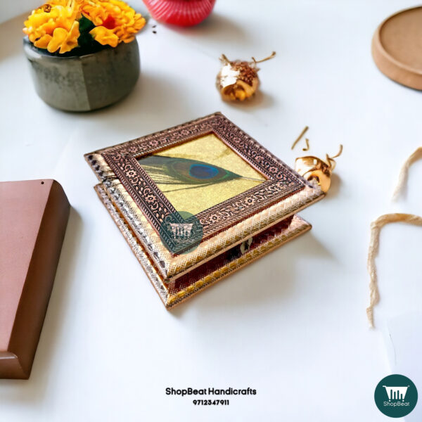 ShopBeat Elegant Copper Oxidised Dry Fruit Box - Peacock Feather Design (6x6 inch) - Image 2