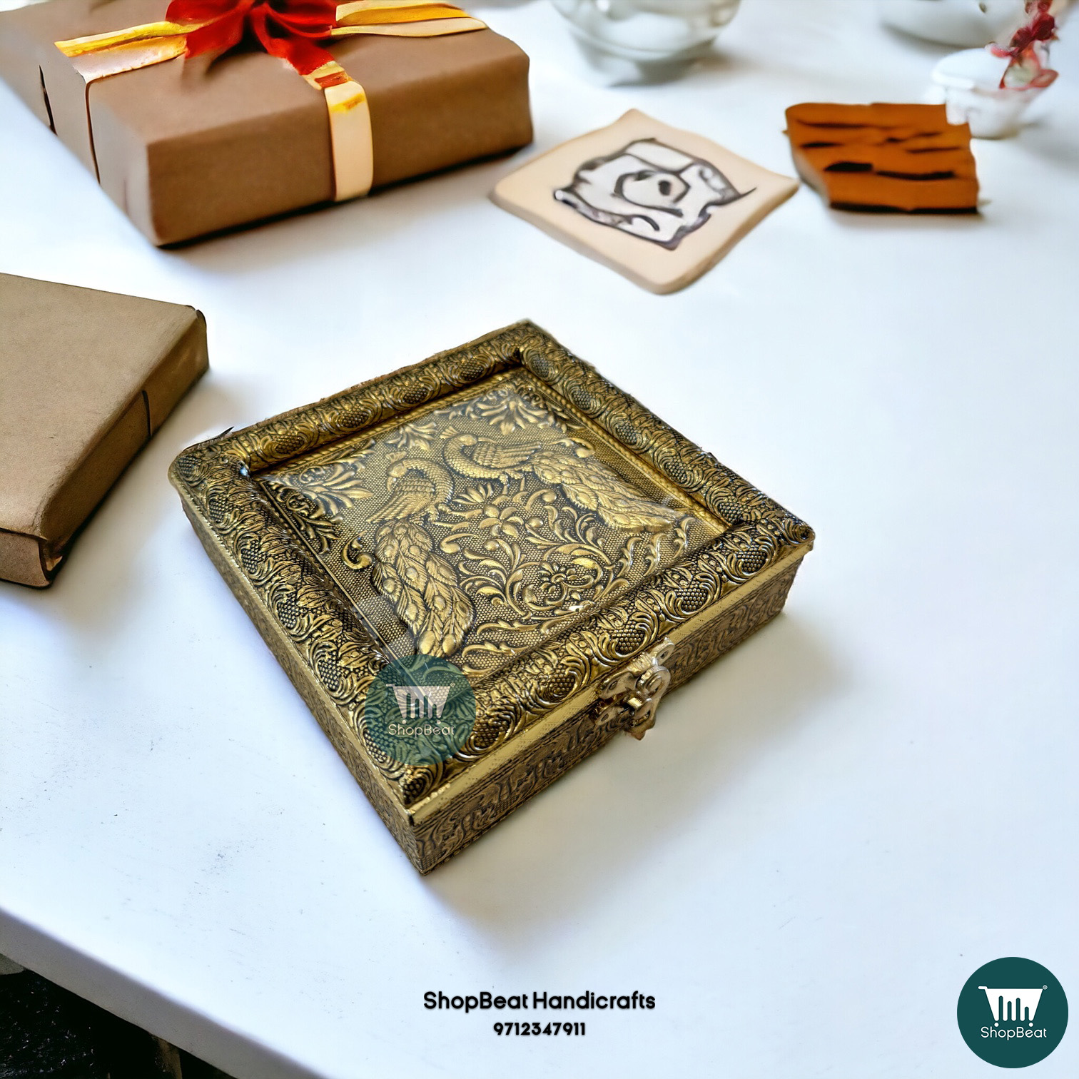 ShopBeat Exquisite Golden Oxidised Dry Fruit Box for Gifting - Double Peacock (6x6 inch) - Image 2