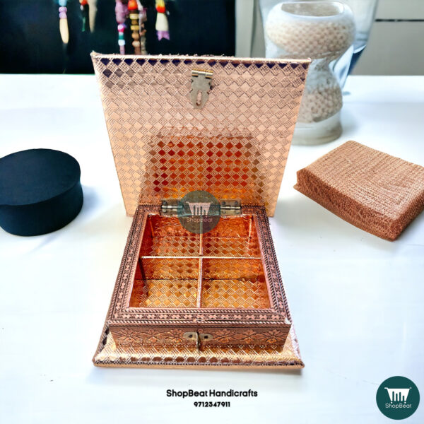 ShopBeat Elegant Copper Oxidised Dry Fruit Box - Peacock Feather Design (6x6 inch) - Image 3