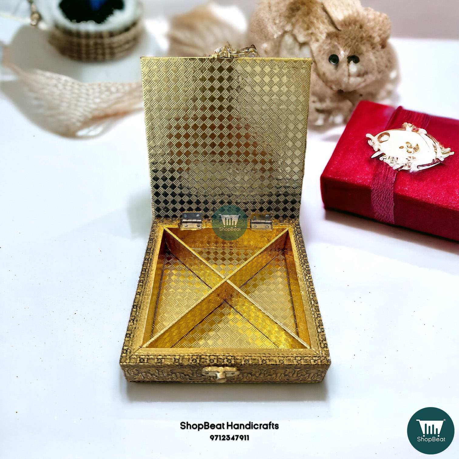 ShopBeat Exquisite Golden Oxidised Dry Fruit Box for Gifting - Double Peacock (6x6 inch) - Image 4