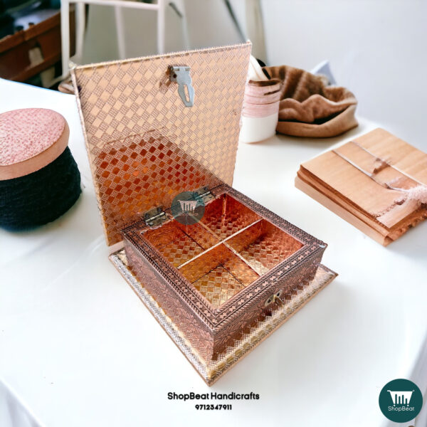 ShopBeat Elegant Copper Oxidised Dry Fruit Box - Peacock Feather Design (6x6 inch) - Image 4