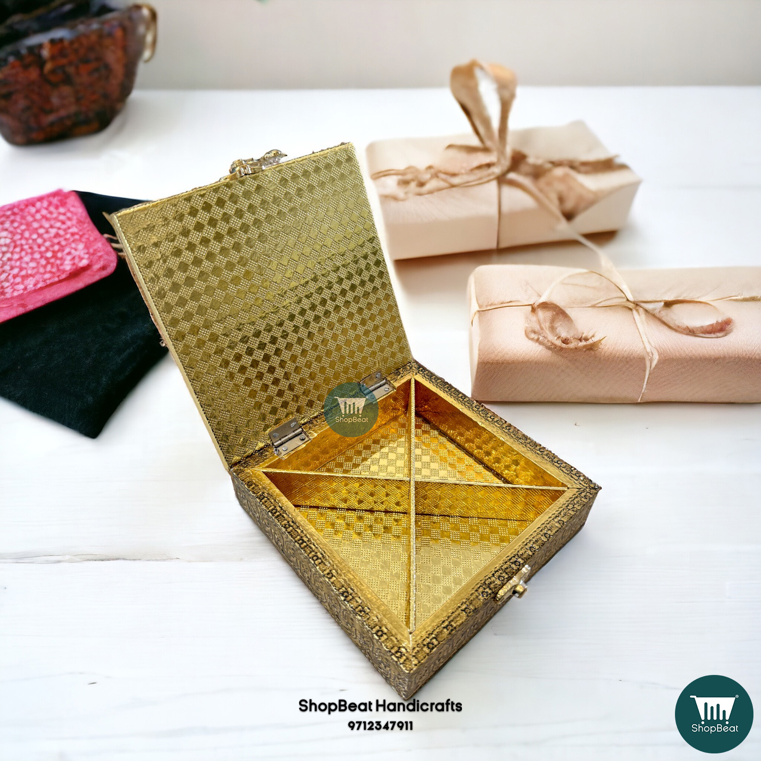 ShopBeat Exquisite Golden Oxidised Dry Fruit Box for Gifting - Double Peacock (6x6 inch) - Image 3
