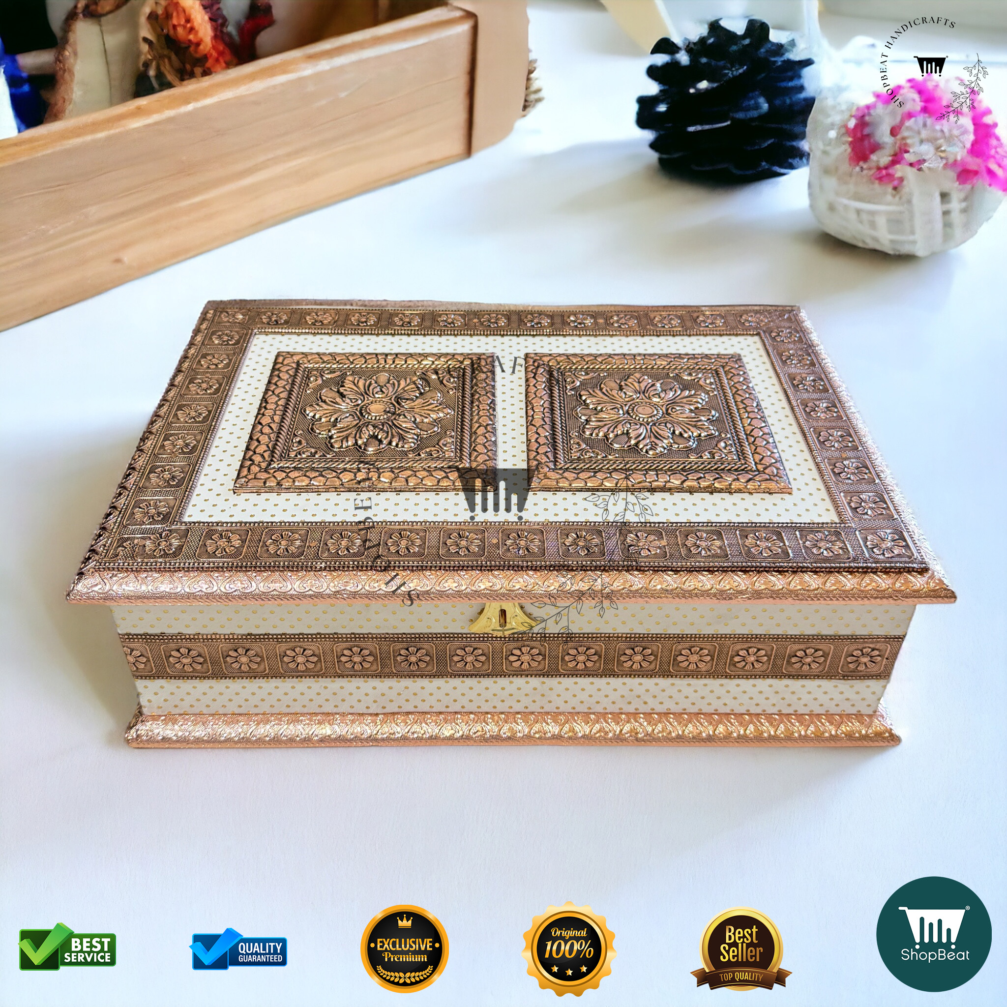 Copper Oxidised White Rexine Gift Box 6 Jars