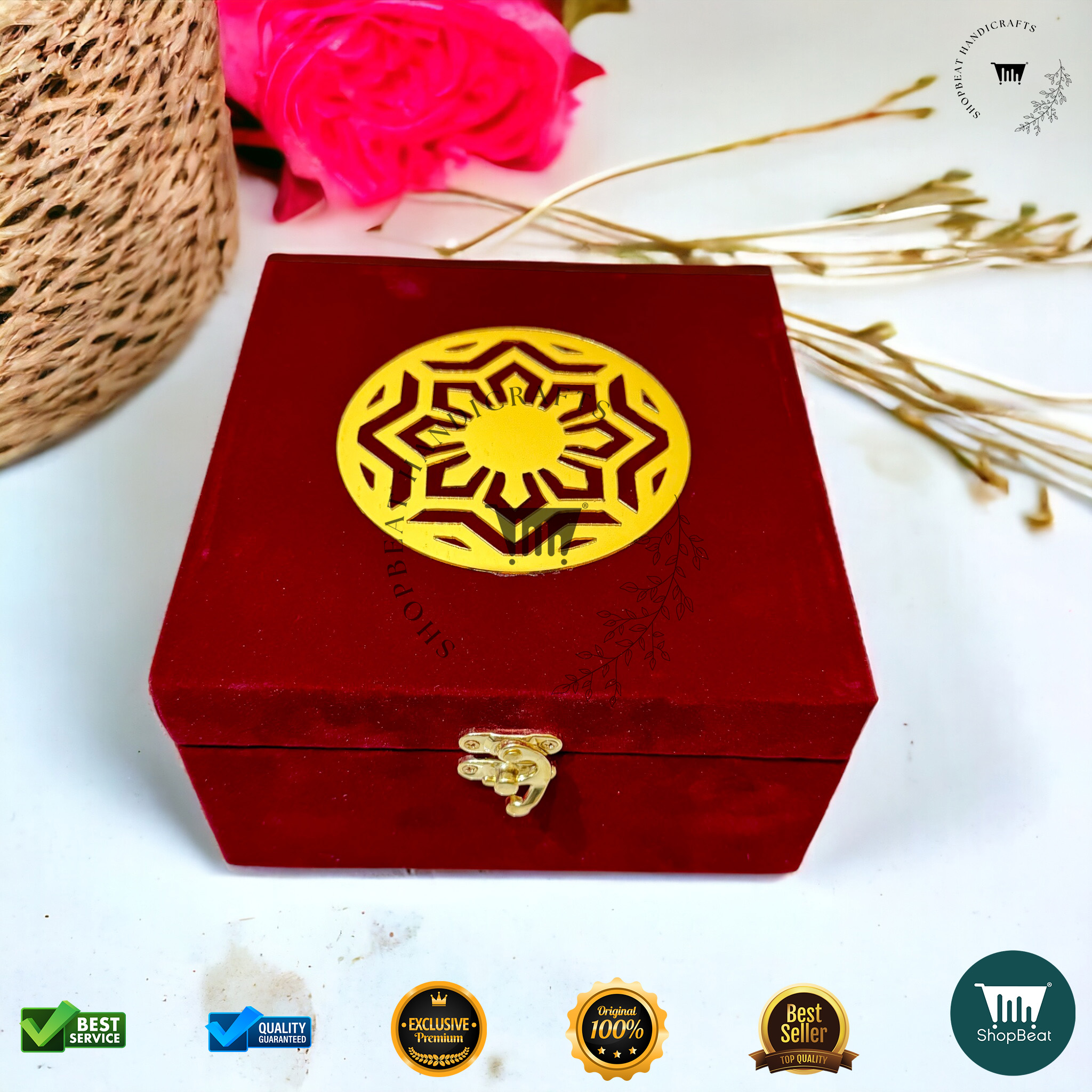 ShopBeat Premium Red Velvet Decorative Dryfruit Box With 4 Glass Jar 7x7