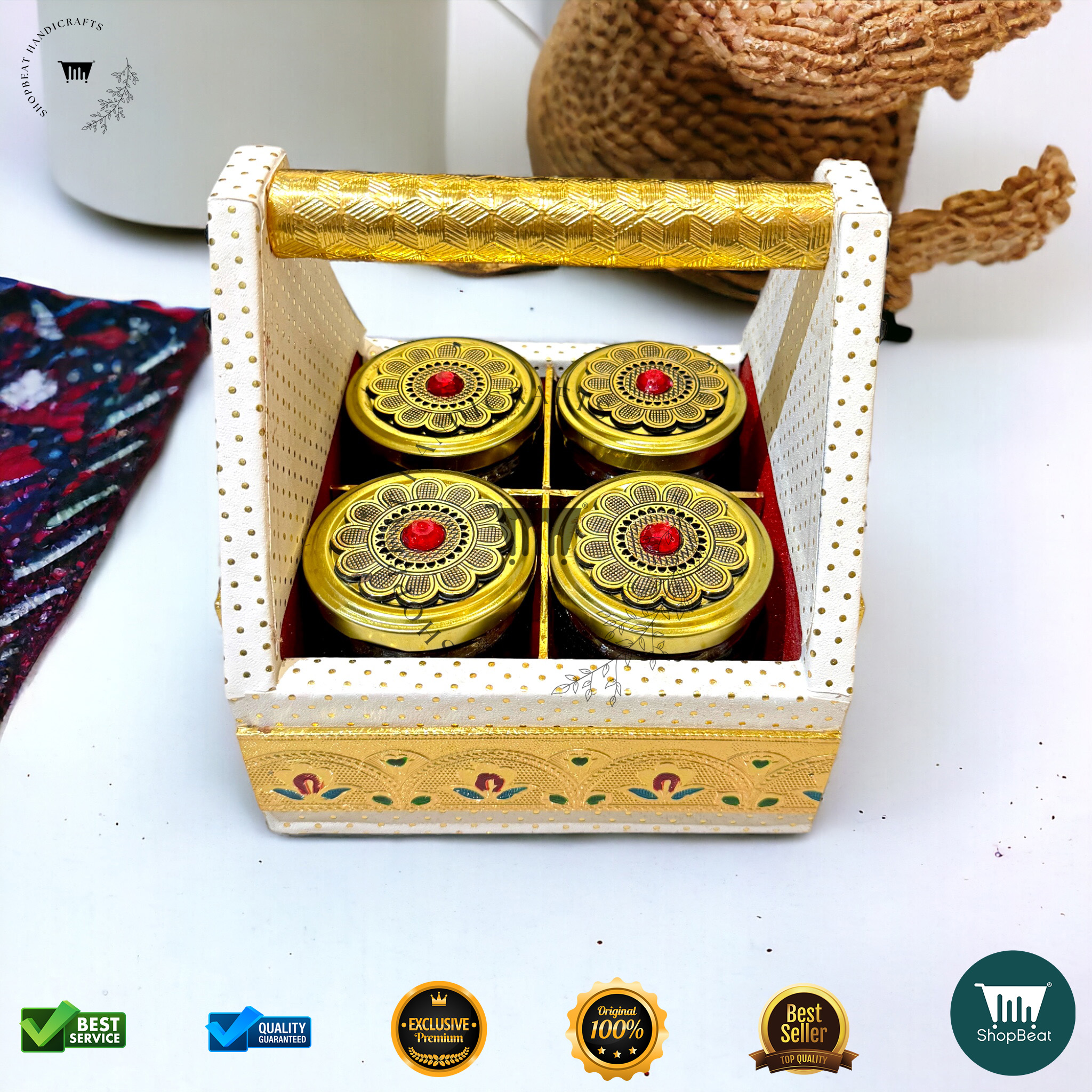ShopBeat Premium White Rexine Decorative Dryfruit Tray-Box With 4 Glass Jar 7x7