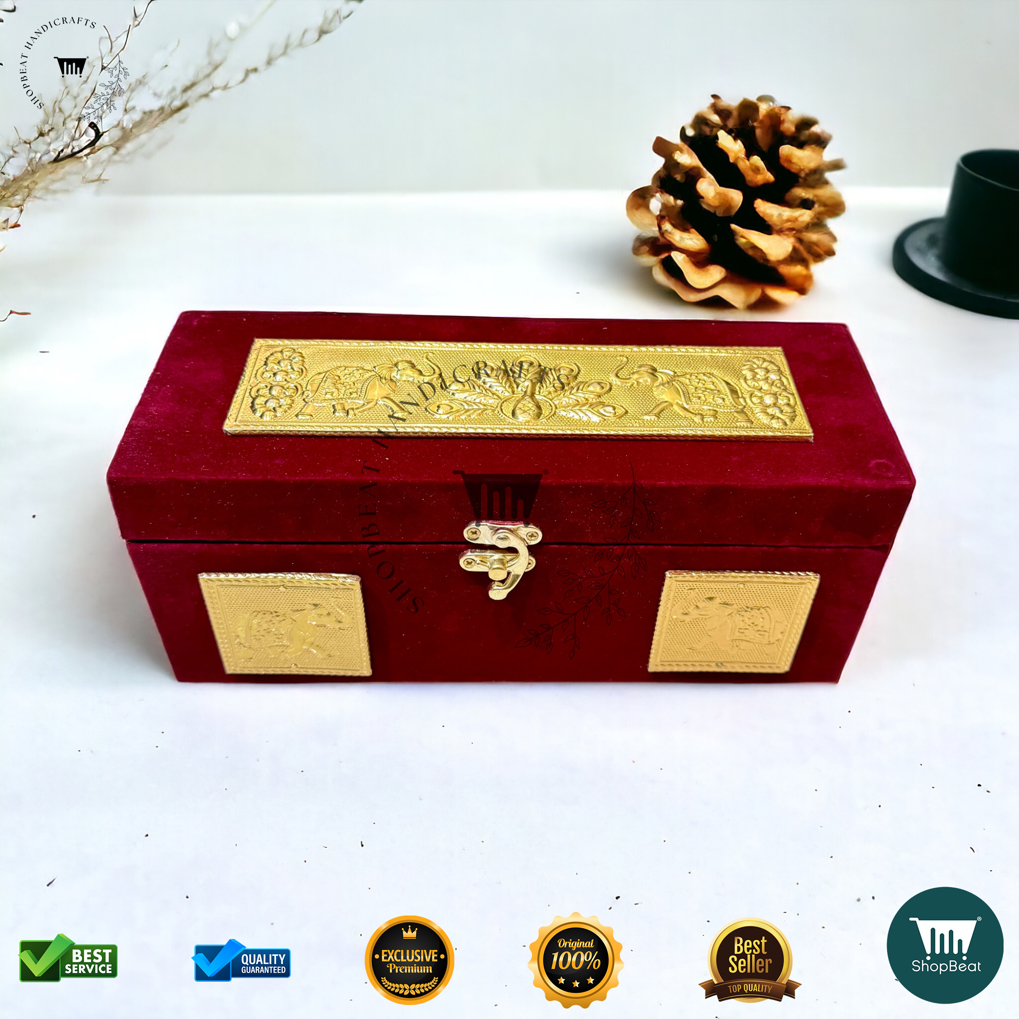 ShopBeat Premium Red Velvet Decorative Dryfruit Box With 3 Glass Jar 10x4