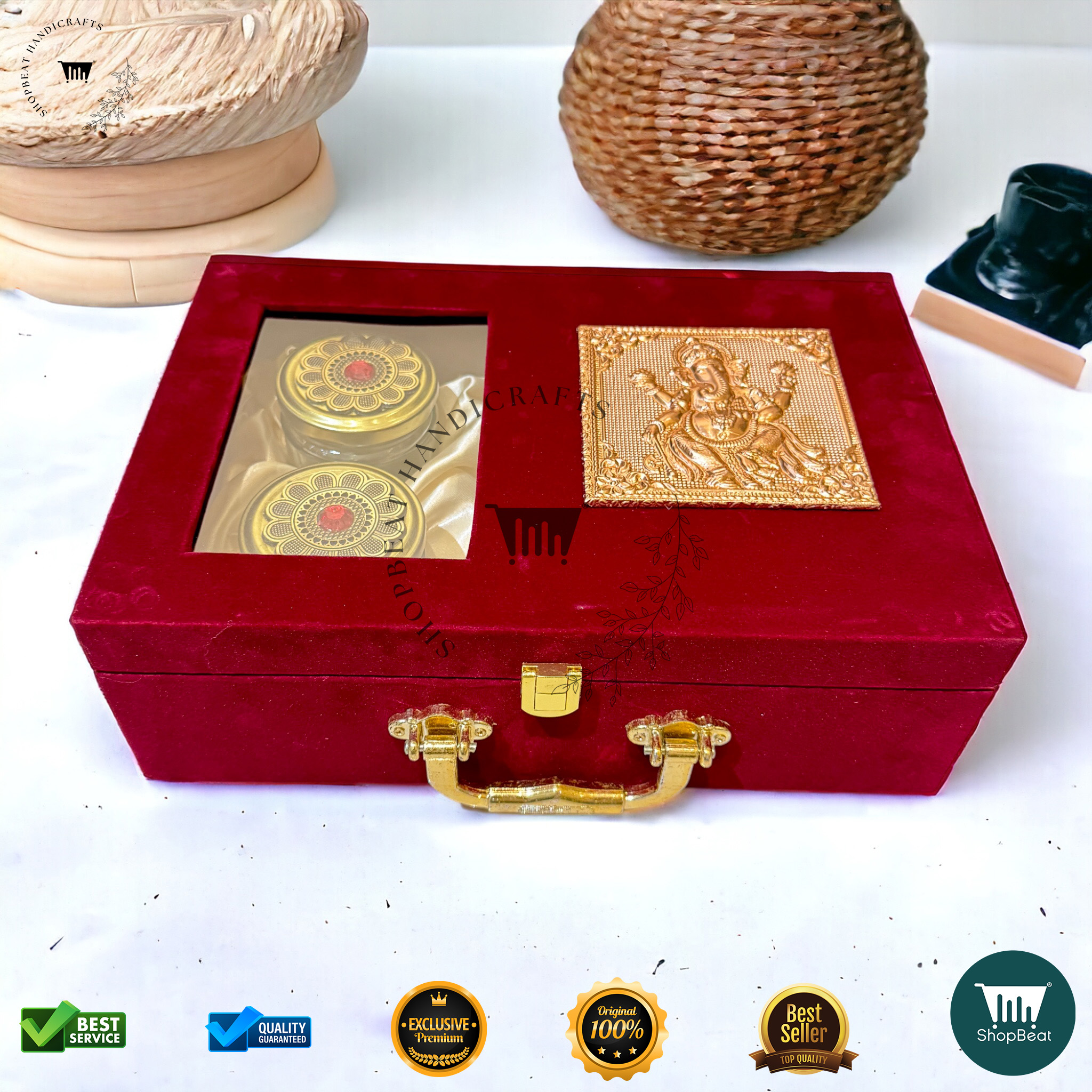 ShopBeat Premium Red Velvet Decorative Dryfruit Box With 2 Glass Jar 12x8