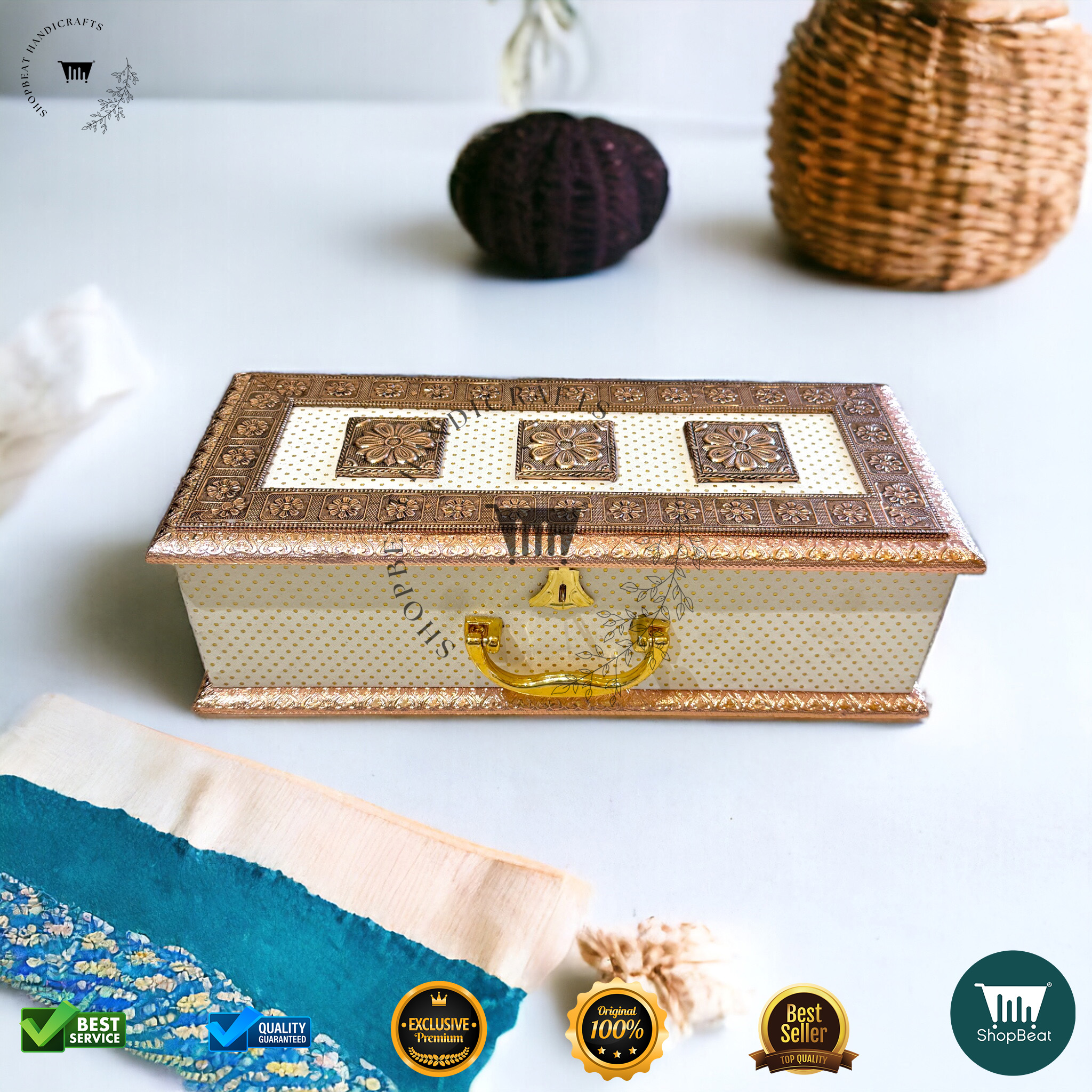 Copper Oxidised White Rexine Gift Box 3 Jars