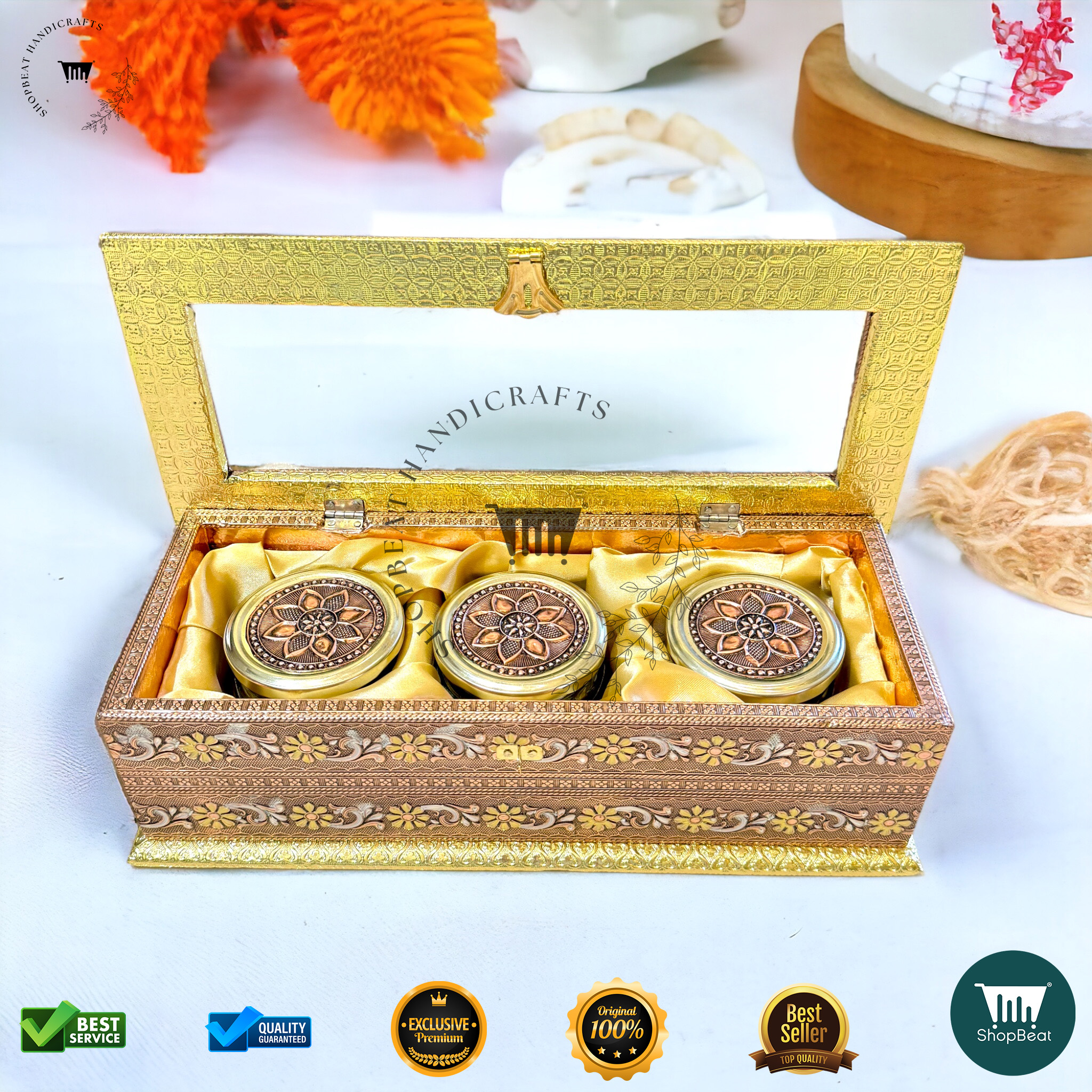 ShopBeat Golden-Copper Oxidised Acrylic Gift Box 3 Jars – A Perfect Blend of Tradition & Elegance - Image 2