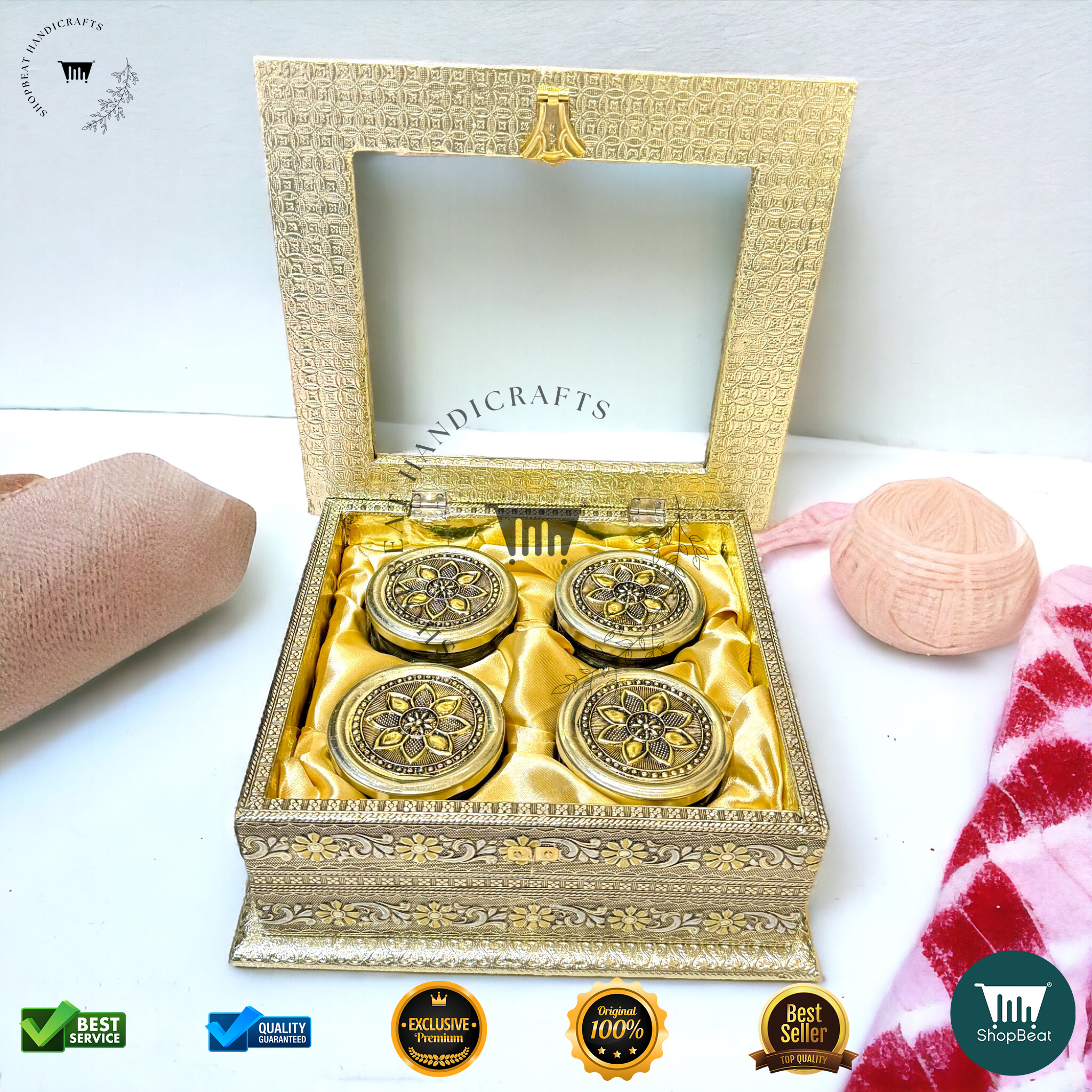 ShopBeat Golden Oxidised Acrylic Gift Box 4 Jars – Elegant & Traditional Gifting Solution - Image 2