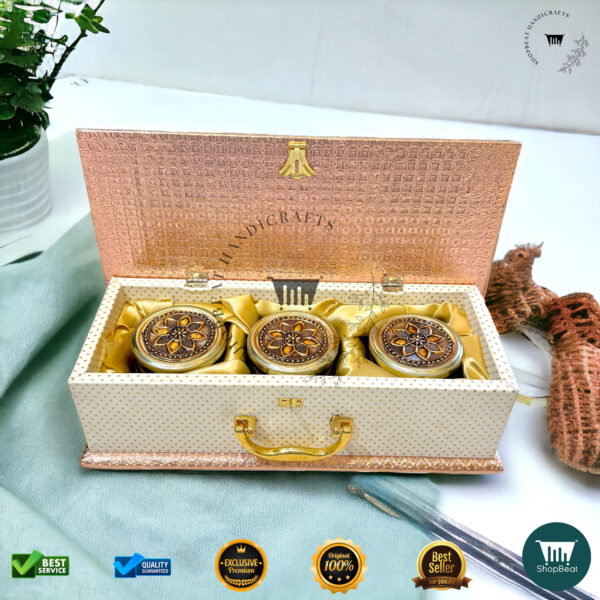 ShopBeat Copper Oxidised White Rexine Gift Box 3 Jars – A Blend of Elegance & Tradition - Image 2