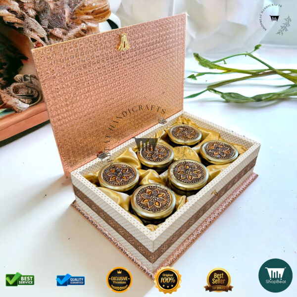 ShopBeat Copper Oxidised White Rexine Gift Box 6 Jars – A Luxurious Gifting Solution - Image 3